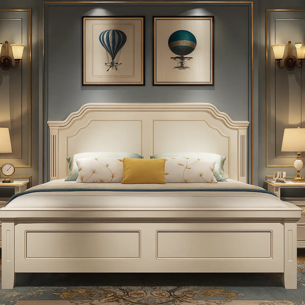 Classic Wooden Bed With Decorative Headboard In White Finish