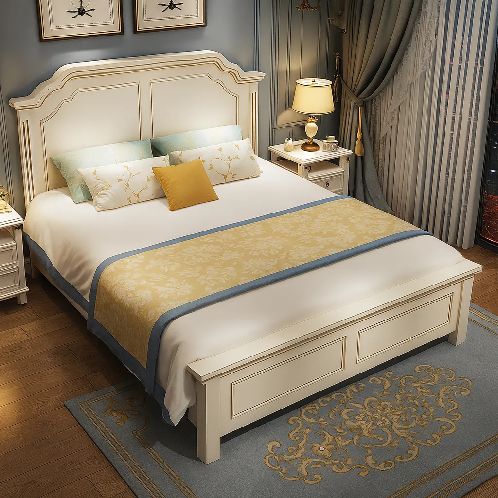Classic Wooden Bed With Decorative Headboard In White Finish - Image 2
