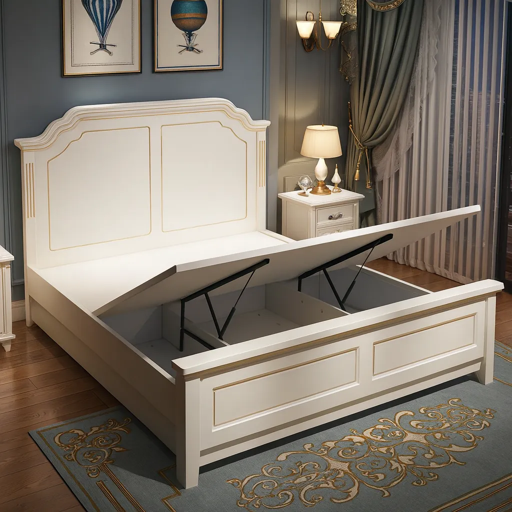 Classic Wooden Bed With Decorative Headboard In White Finish - Image 3