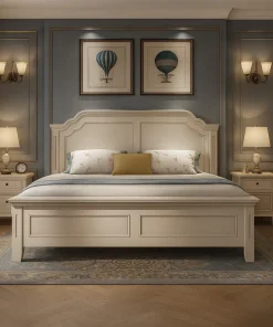 Classic Wooden Bed With Decorative Headboard In White Finish