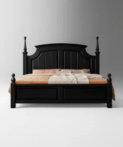Classic Wooden Bed With Tall Decorative Headboard In Black Finish