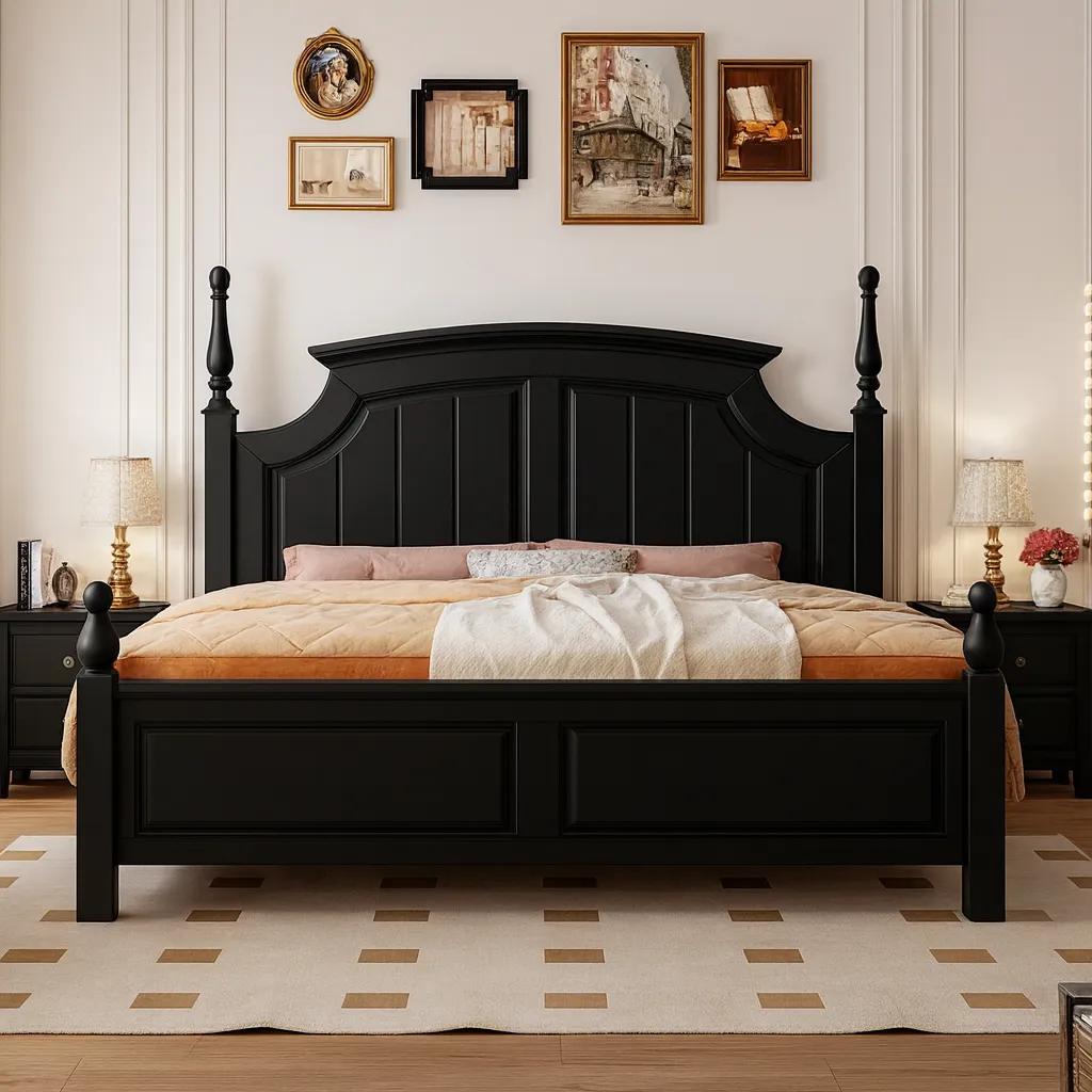 Classic Wooden Bed With Tall Decorative Headboard In Black Finish