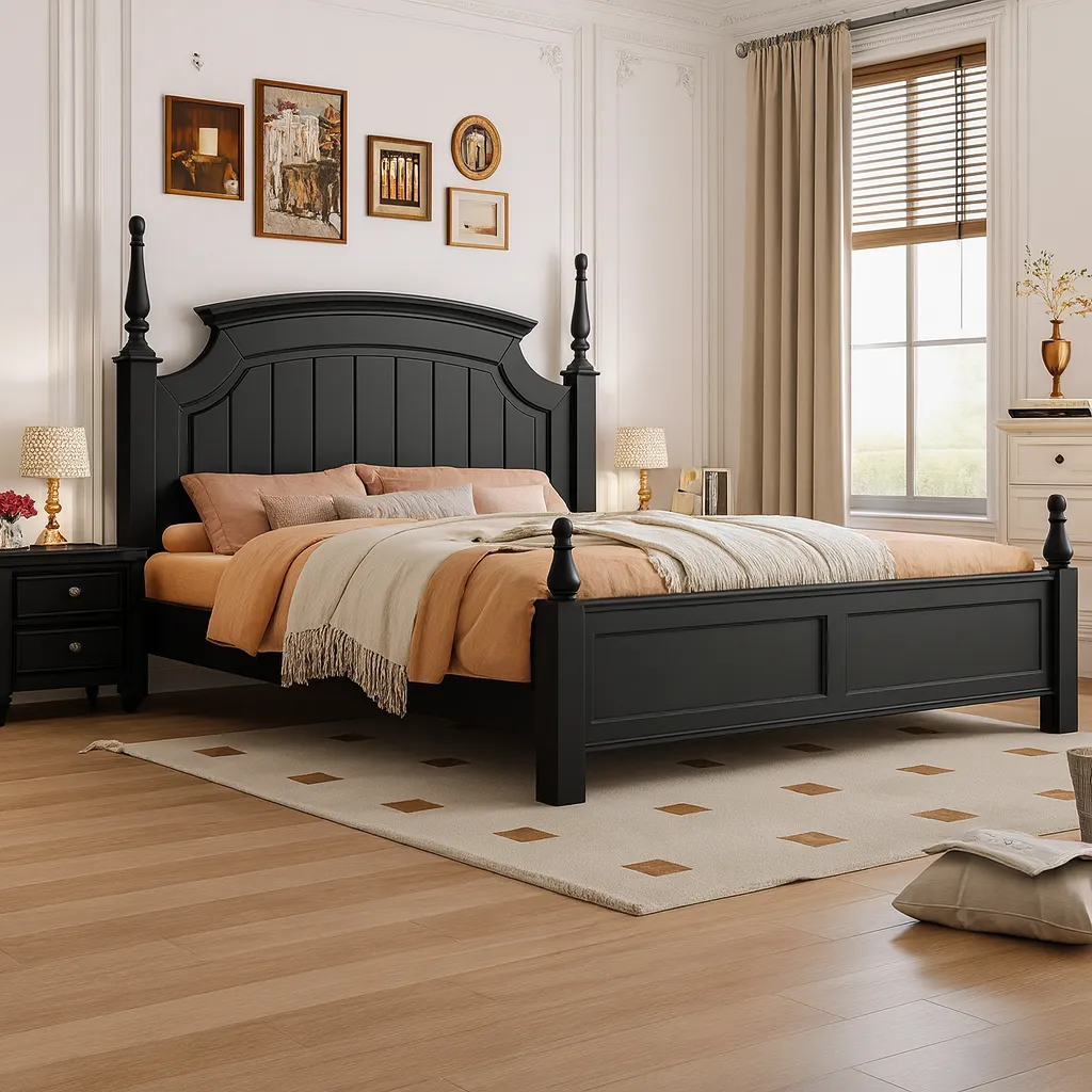 Classic Wooden Bed With Tall Decorative Headboard In Black Finish - Image 2
