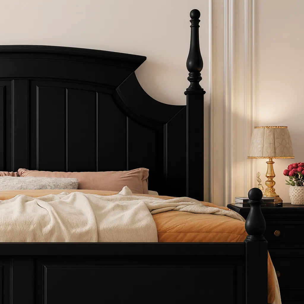 Classic Wooden Bed With Tall Decorative Headboard In Black Finish - Image 4