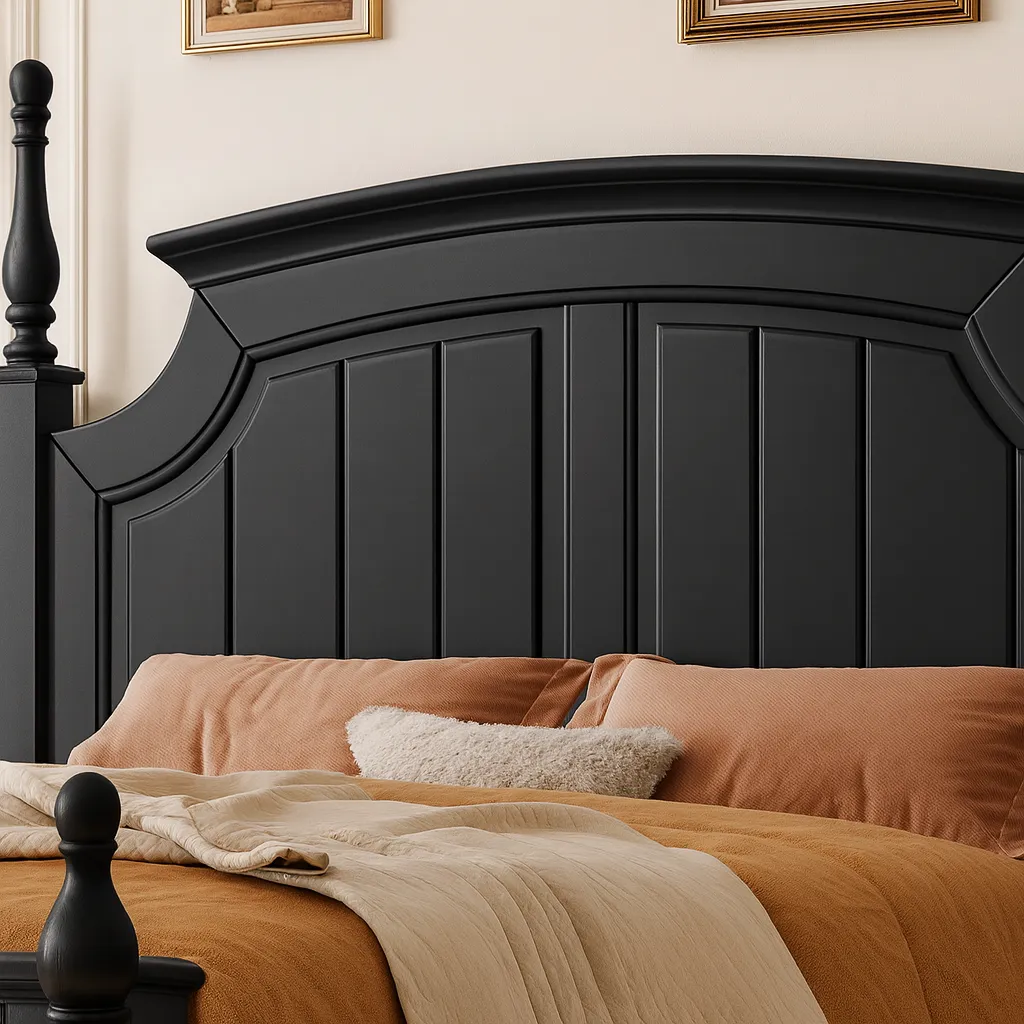 Classic Wooden Bed With Tall Decorative Headboard In Black Finish - Image 3
