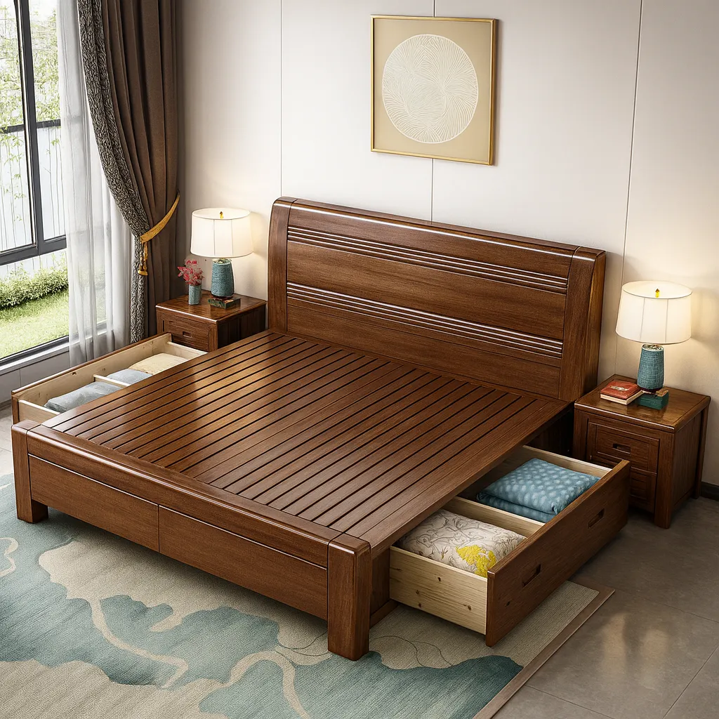 Contemporary Rubberwood Bed Frame With Storage - Image 3
