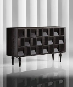 Modern Black Wooden Sideboard Cabinet With 3D Geometric Drawer Design