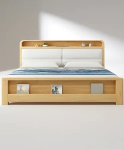 Modern Wooden Bed With Upholstered Headboard And Built In Storage