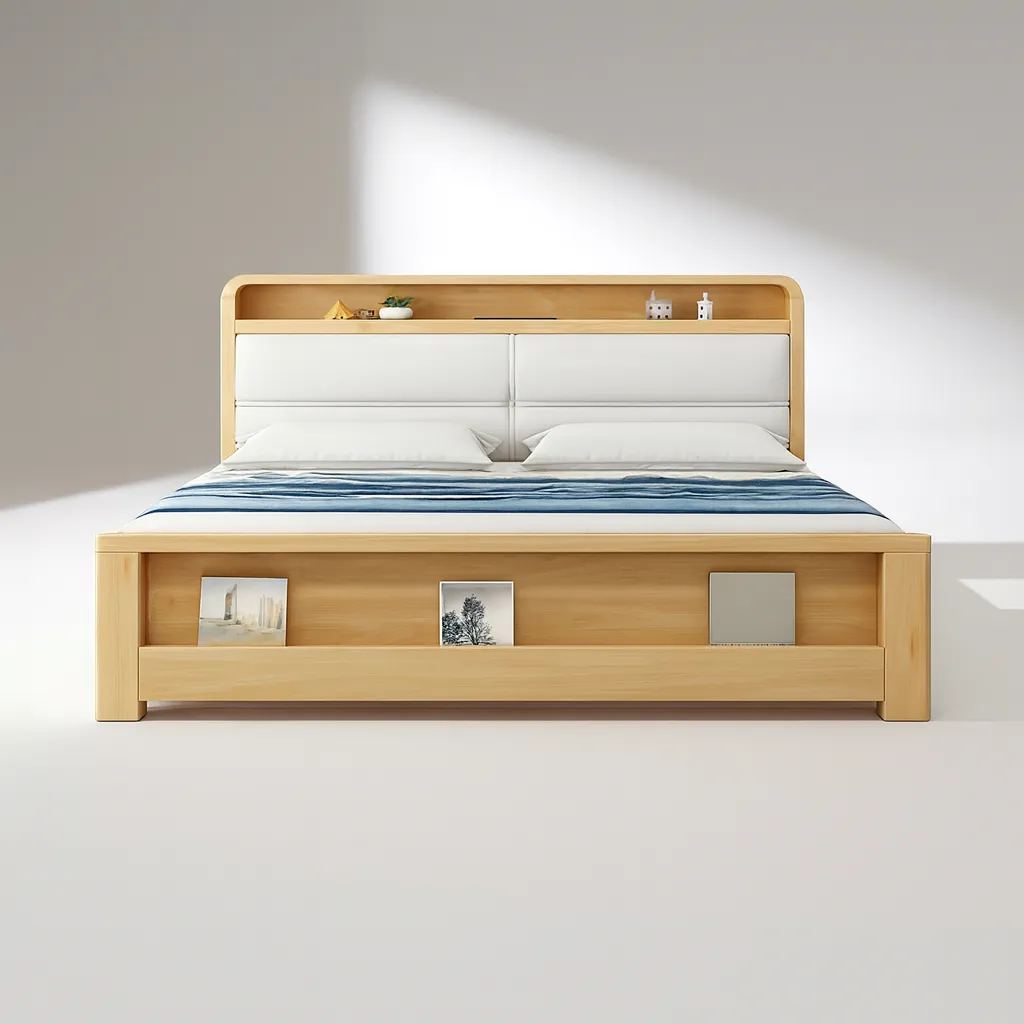 Modern Wooden Bed With Upholstered Headboard And Built In Storage - Image 4
