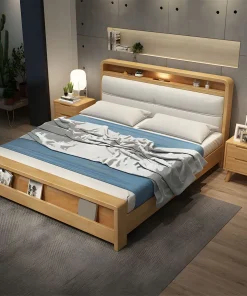 Modern Wooden Bed With Upholstered Headboard And Built In Storage