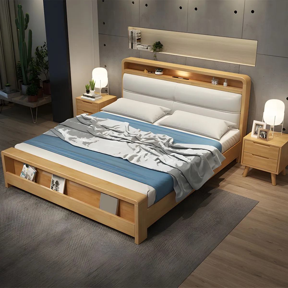 Modern Wooden Bed With Upholstered Headboard And Built In Storage