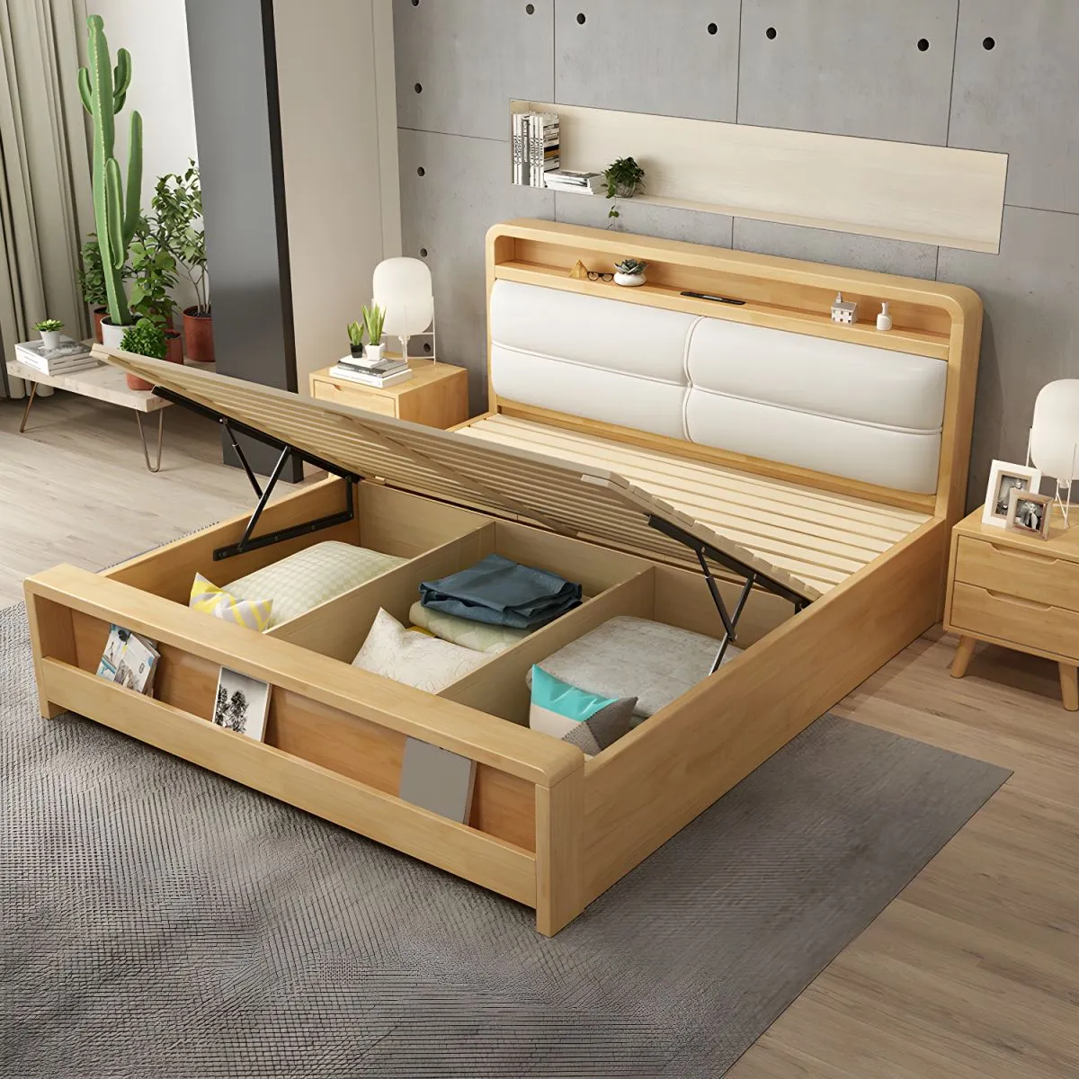 Modern Wooden Bed With Upholstered Headboard And Built In Storage - Image 2