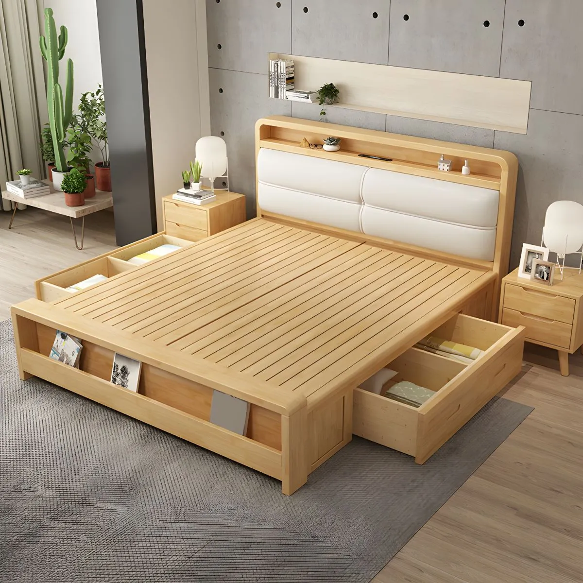 Modern Wooden Bed With Upholstered Headboard And Built In Storage - Image 3