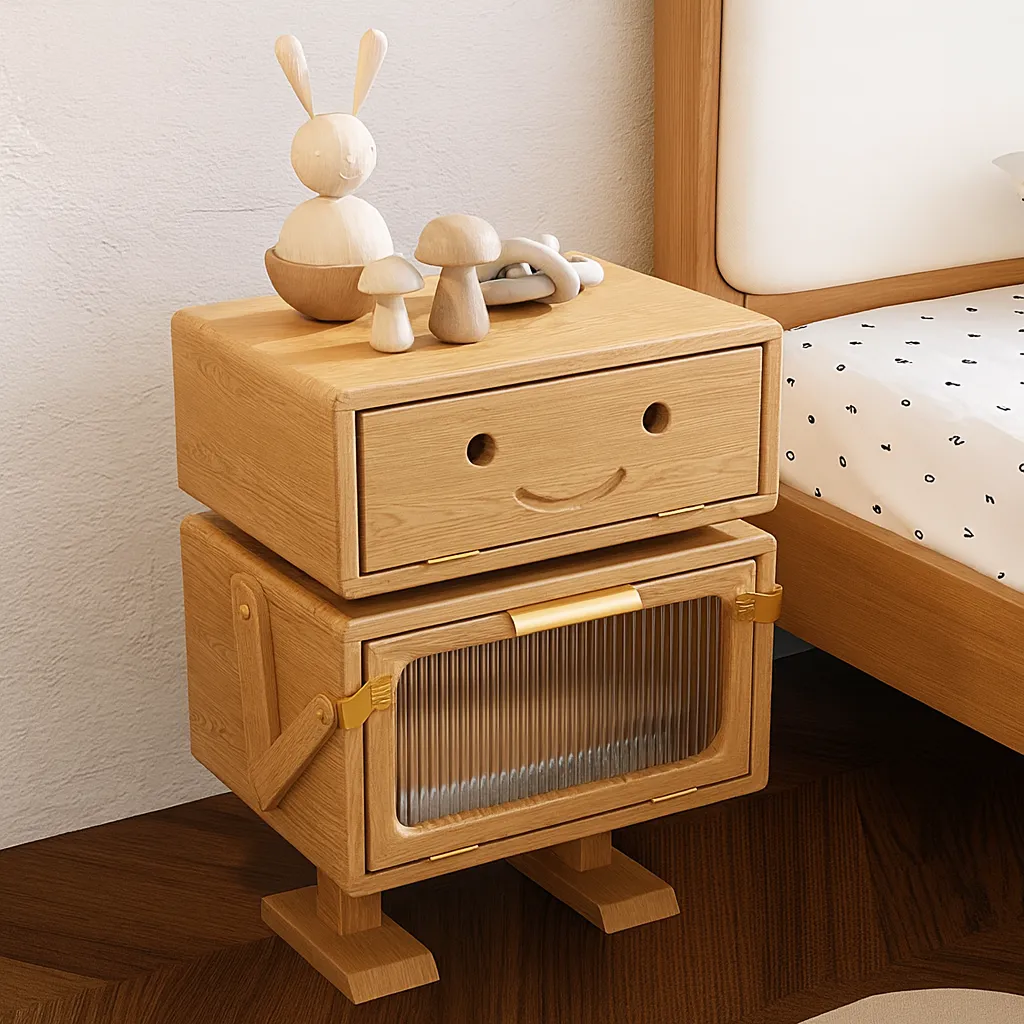 Modern Wooden Kids Nightstand With Smile Design And Storage