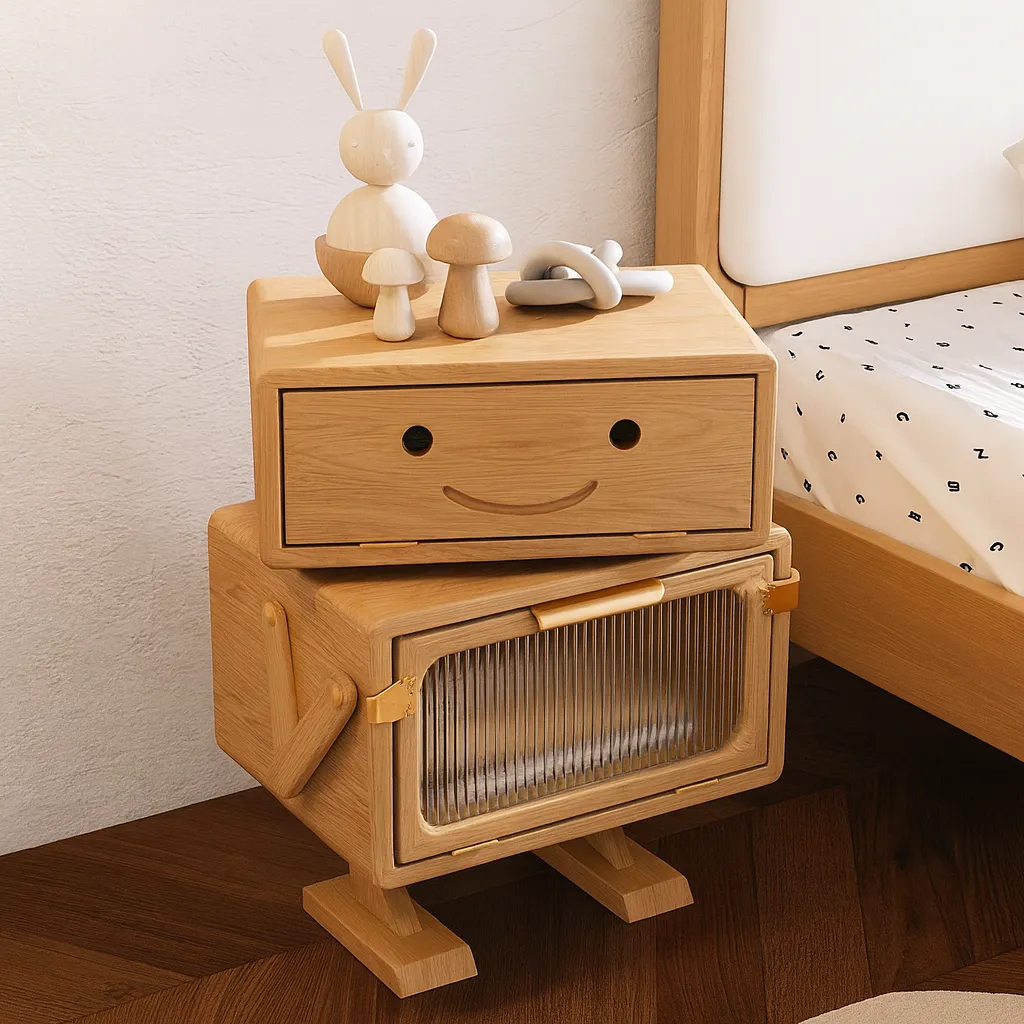 Modern Wooden Kids Nightstand With Smile Design And Storage - Image 2