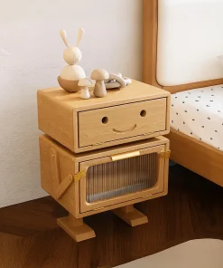 Modern Wooden Kids Nightstand With Smile Design And Storage