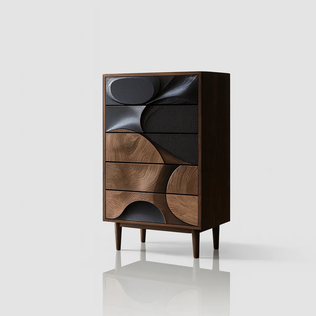 Modern Wooden Tall Dresser With Drawers And Artistic 3D Carved Design - Image 4