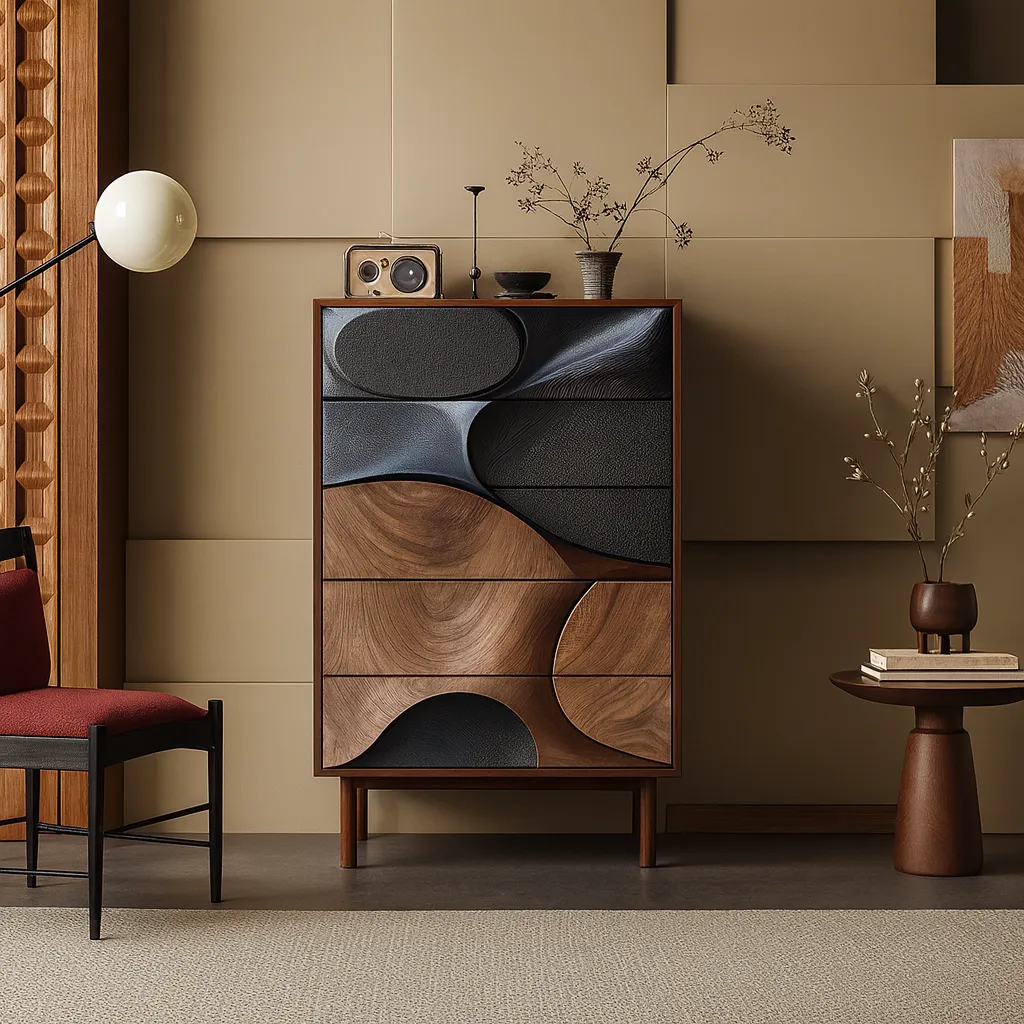 Modern Wooden Tall Dresser With Drawers And Artistic 3D Carved Design