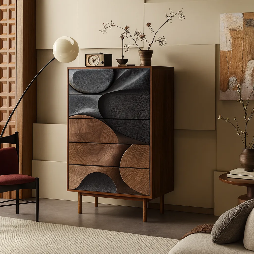 Modern Wooden Tall Dresser With Drawers And Artistic 3D Carved Design - Image 2