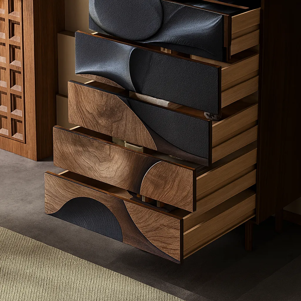 Modern Wooden Tall Dresser With Drawers And Artistic 3D Carved Design - Image 3