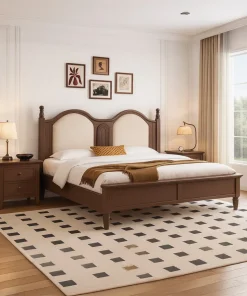 Traditional Wooden Bed Frame With Upholstered Headboard