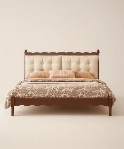Traditional Wooden Platform Bed With Upholstered Headboard