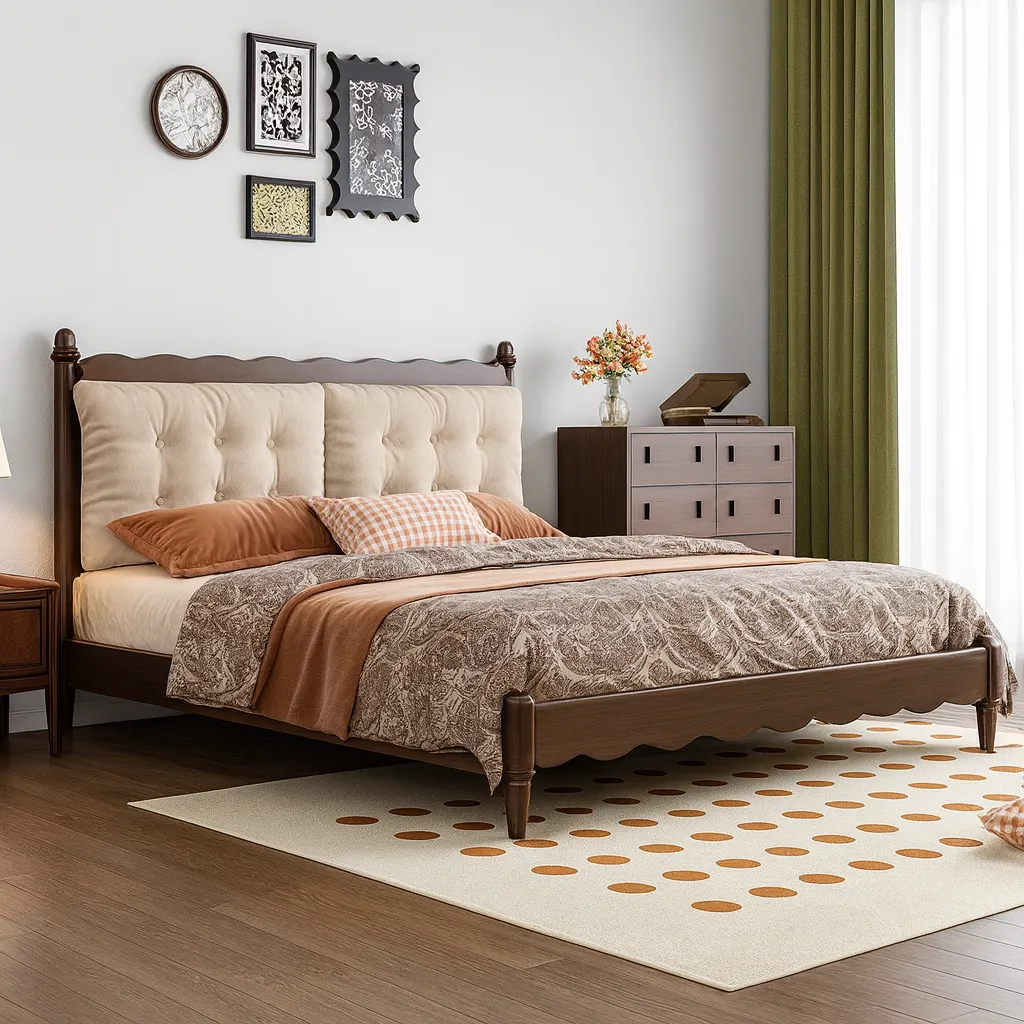 Traditional Wooden Platform Bed With Upholstered Headboard - Image 4