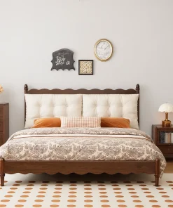 Traditional Wooden Platform Bed With Upholstered Headboard