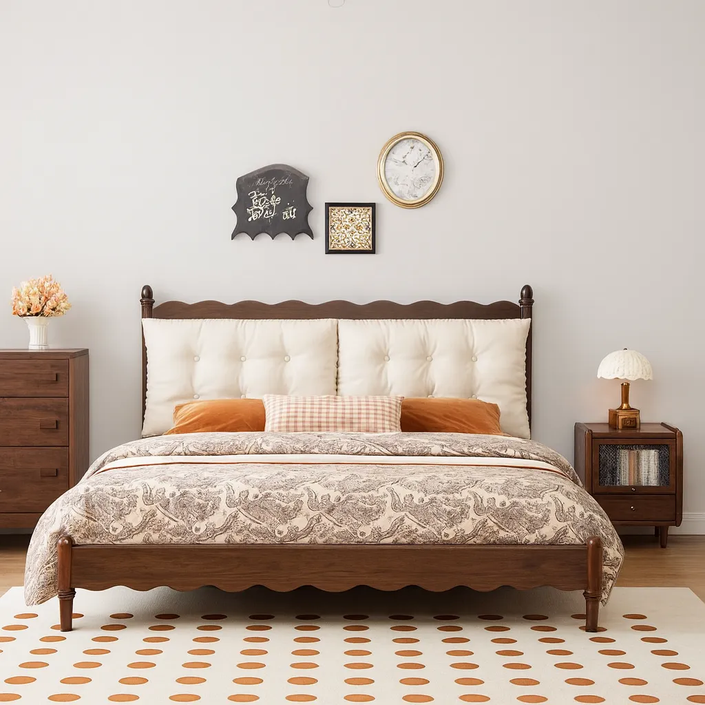 Traditional Wooden Platform Bed With Upholstered Headboard