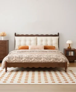 Traditional Wooden Platform Bed With Upholstered Headboard