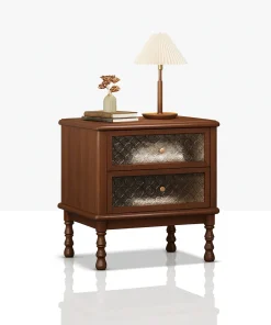 Vintage Wooden Nightstand With Glass Patterned Drawers