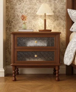 Vintage Wooden Nightstand With Glass Patterned Drawers